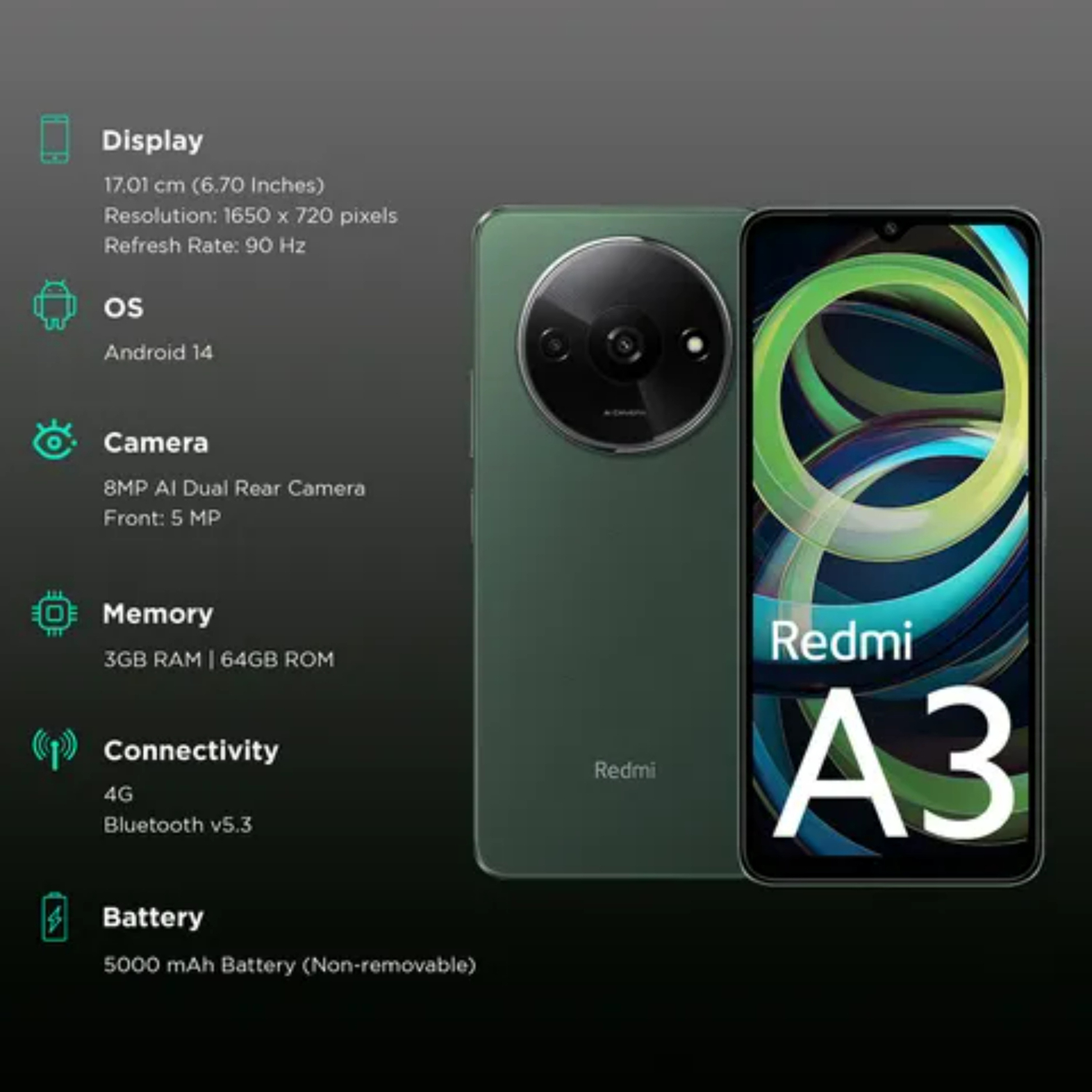 Xiaomi Redmi A3 4G Smartphone, 3 GB RAM, 64 GB Storage, Forest Green