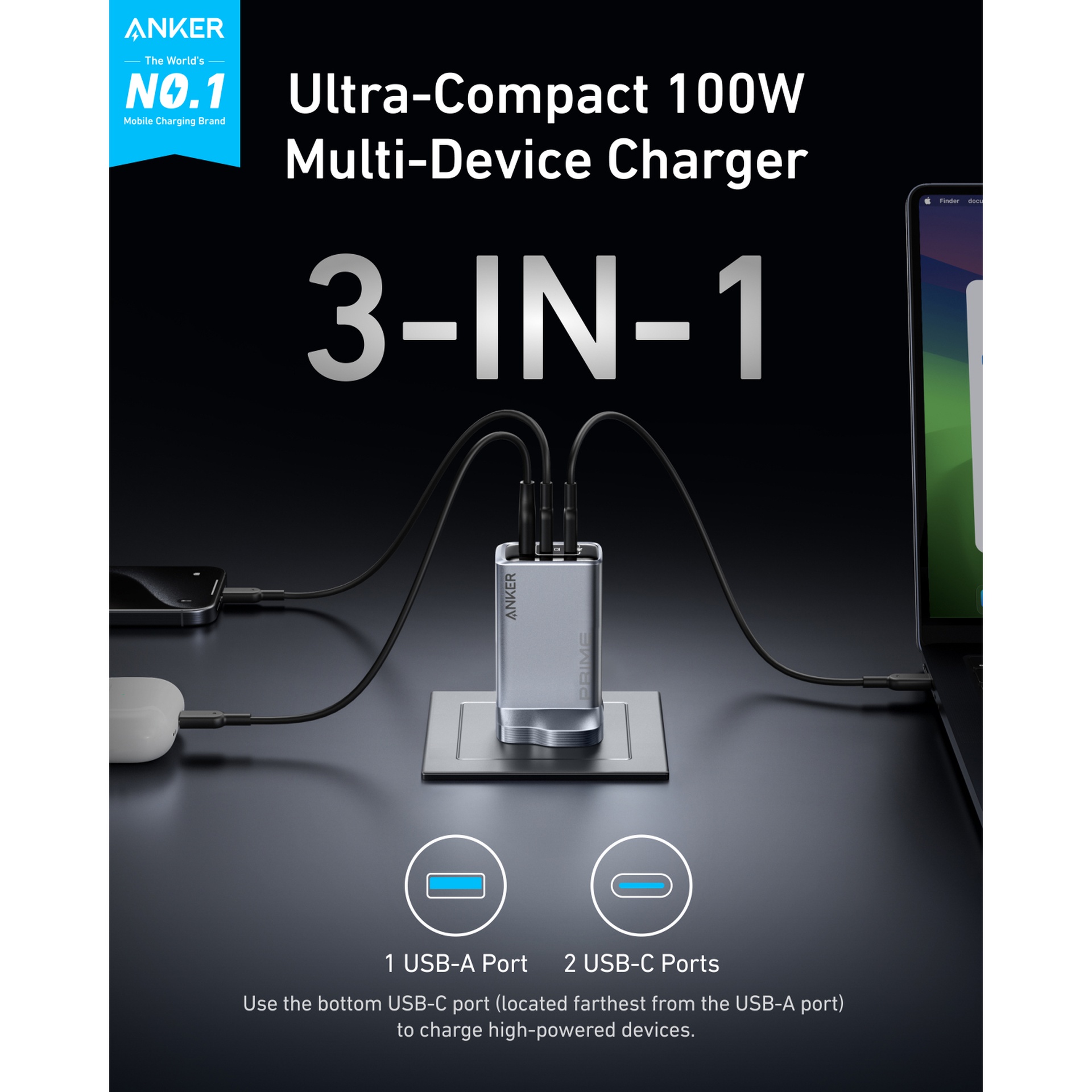 Anker Prime 100W GaN Charger, Grey, A2688