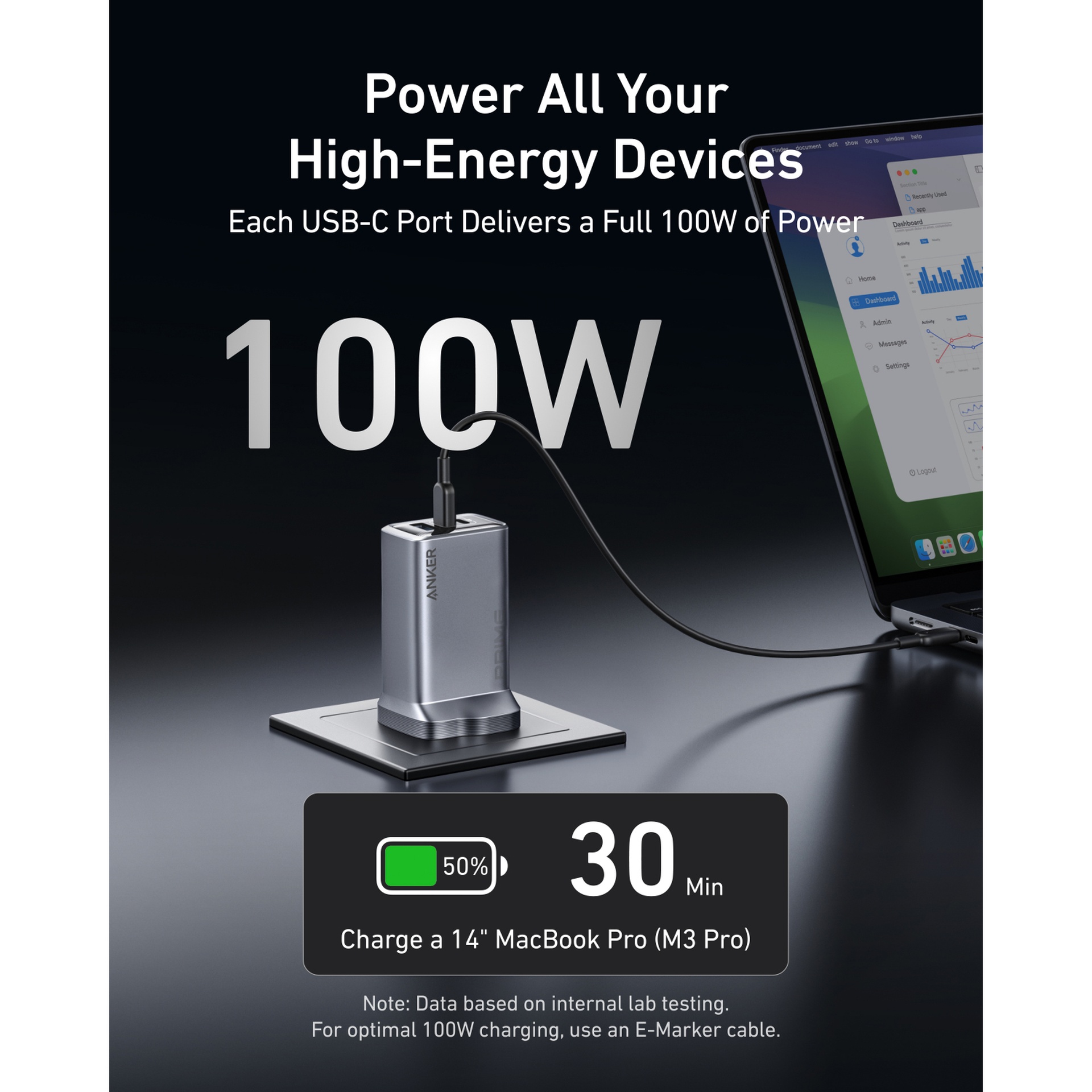 Anker Prime 100W GaN Charger, Grey, A2688