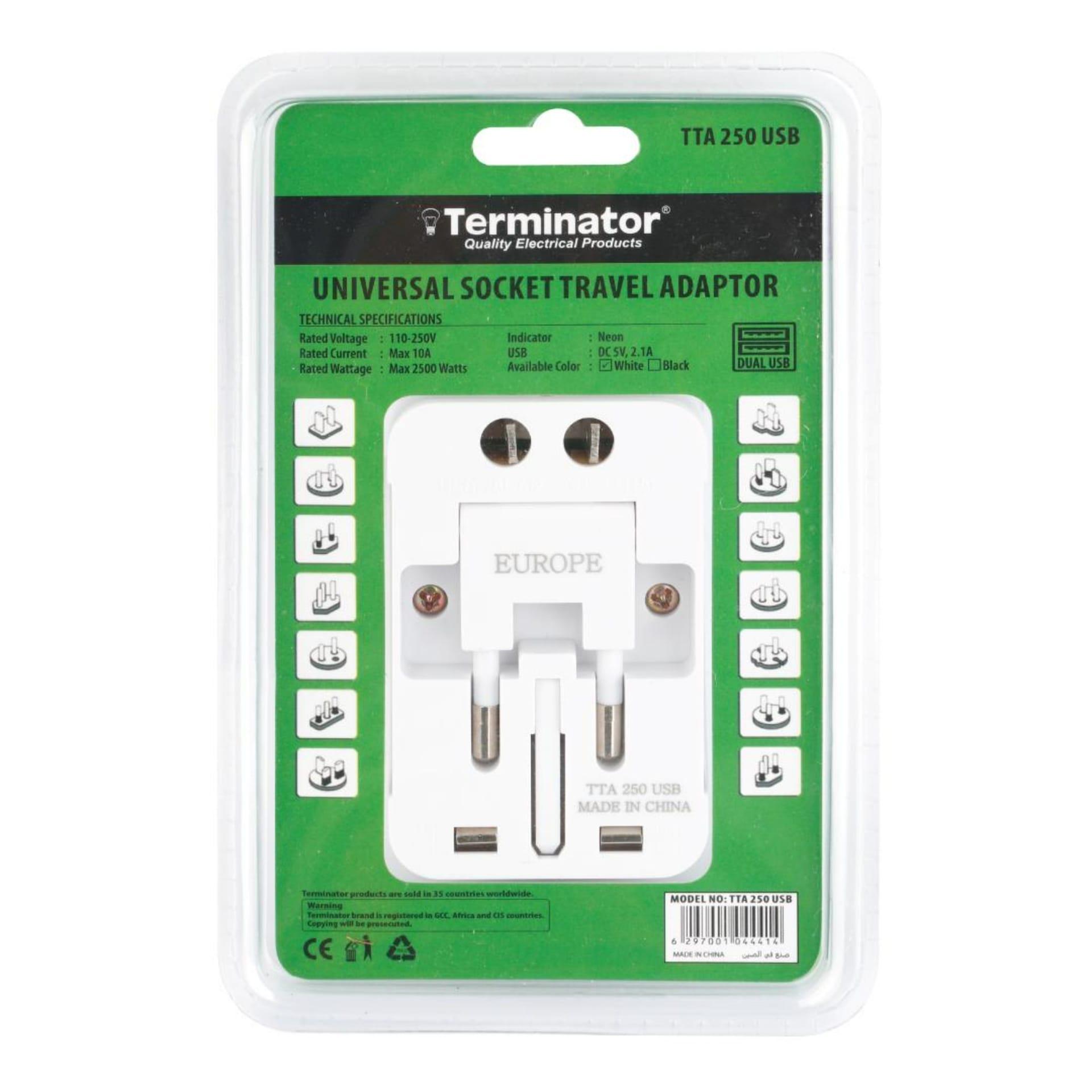 Terminator 2500W Multi Pin Travel Adaptor, White, TTA 250 USB
