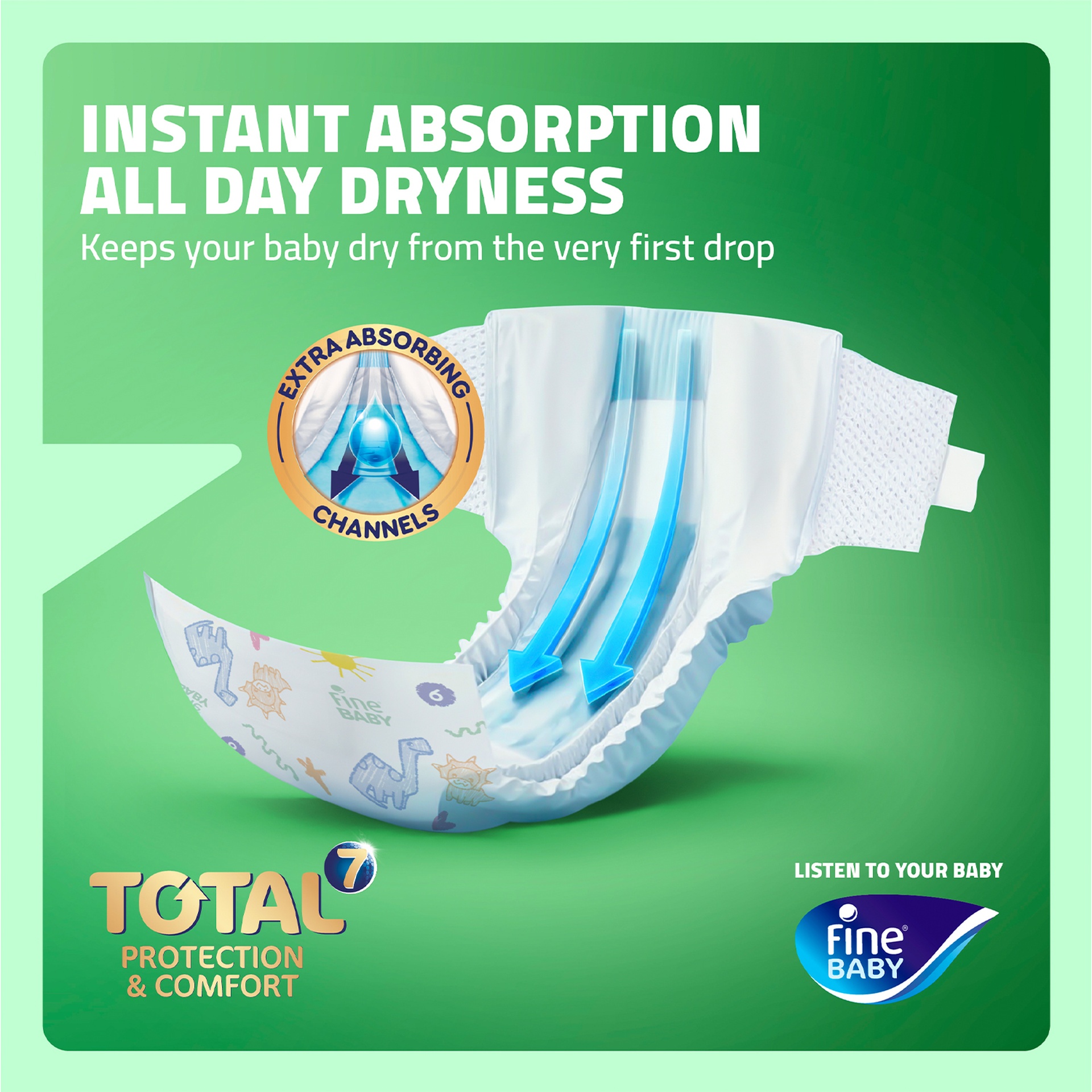 Fine Baby Diapers Total 7 Size 3 Medium 4-9 kg 52 pcs