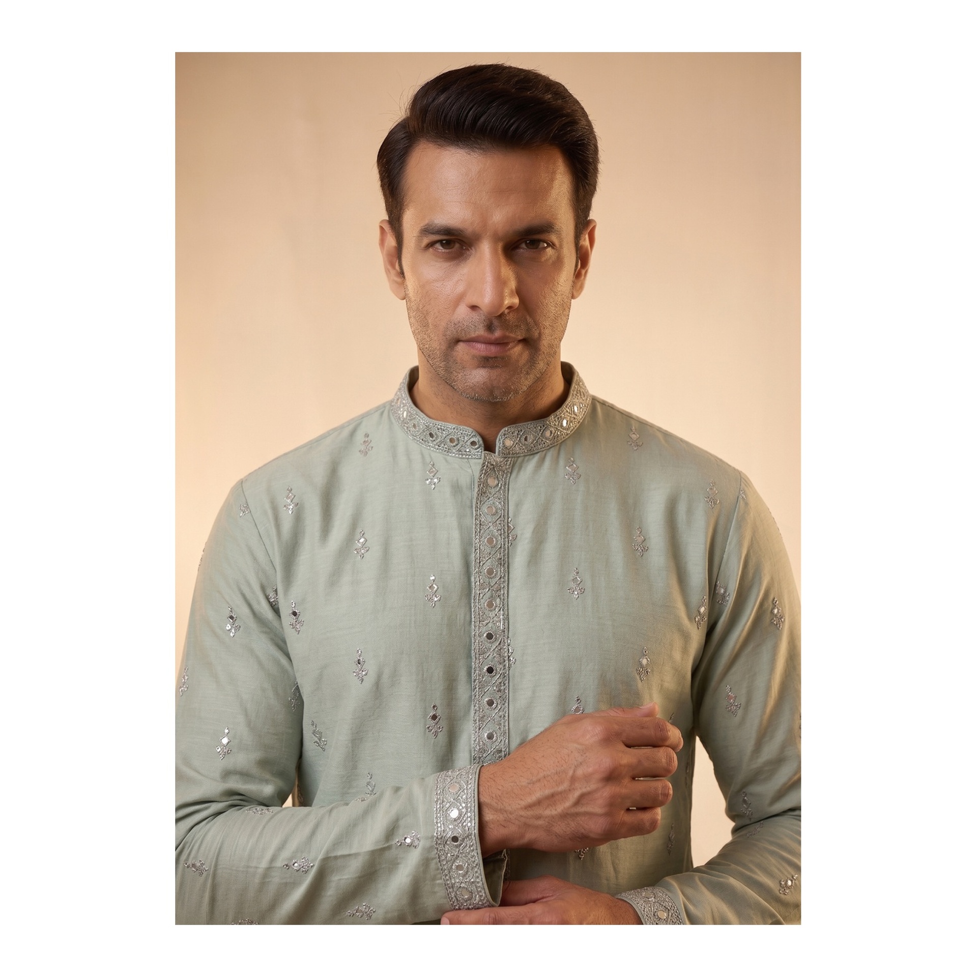 Men's Poly Viscose Embroidered Kurta Pyjama Set, L, Green, SI-7330